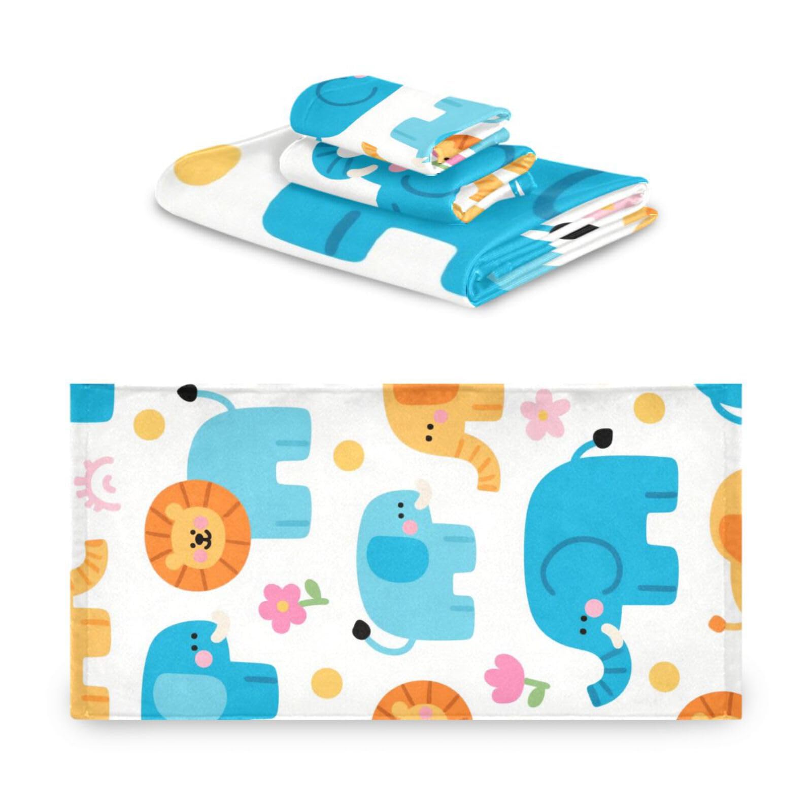 Set di 3 asciugamani decorativi per il viso con elefante e leone in stile cartone animato, 1 asciugamano da bagno, 1 asciugamano per le mani, 1 panno per cucina, bagno, yoga, palestra