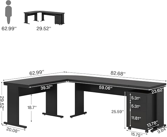 Tribesigns 83 L Shaped Desk with Drawers, Reversible Executive Office Desk with Rolling File Cabinet, Large Corner Computer Desk Workstation for Home Office (Black)