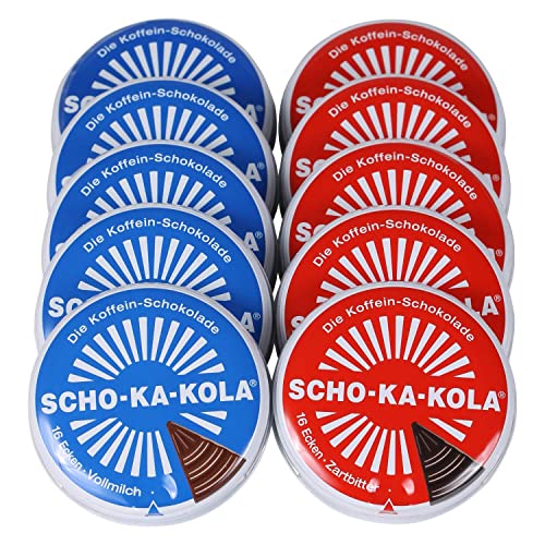 SCHO-KA-KOLA Chocolate Mix with natural Caffeine from Cocoa, Cola-Nut-Powder and Coffee 5 tins x 100 g Dark classic 5 tins x 100 g Milk-Germany Box