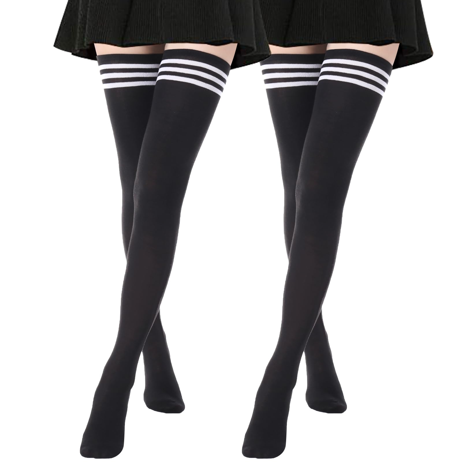 AQOKKA Extra Long Thigh High Socks for Women Striped Long Stockings