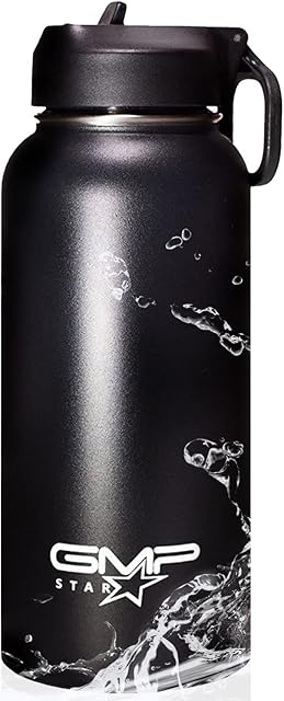 GMP star 18-8 Stainless Steel-Double-Wall Vacuum Insulation Water Bottle for Hot and Cold Drinks with Straw,1 Litre,Black,UK Company