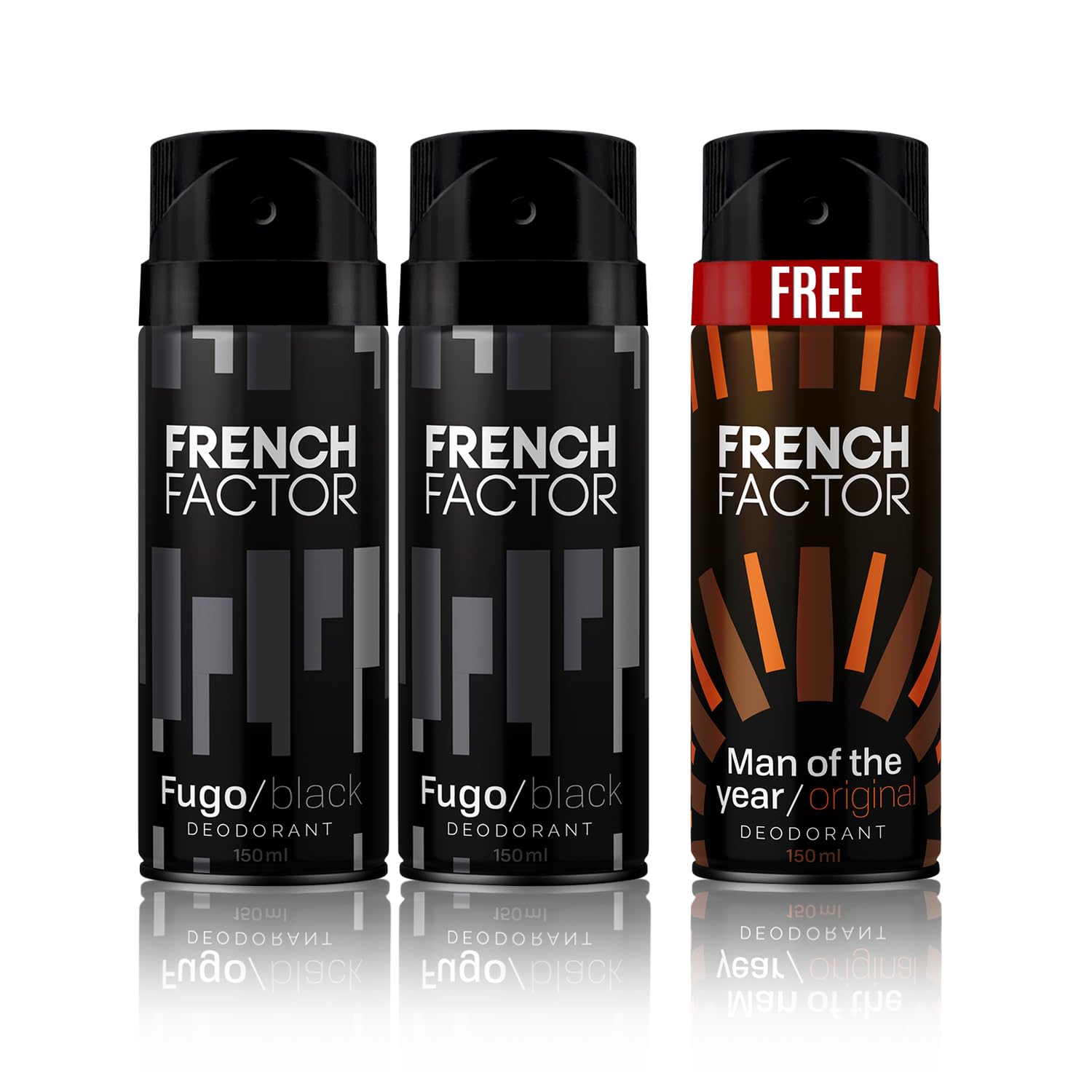 French Factor Deodorant Body Spray For Men Long Lasting Fragrance Upto 8 Hours Buy 2 Fugo Black And Get one Free (Pack of 3, 150ml each)