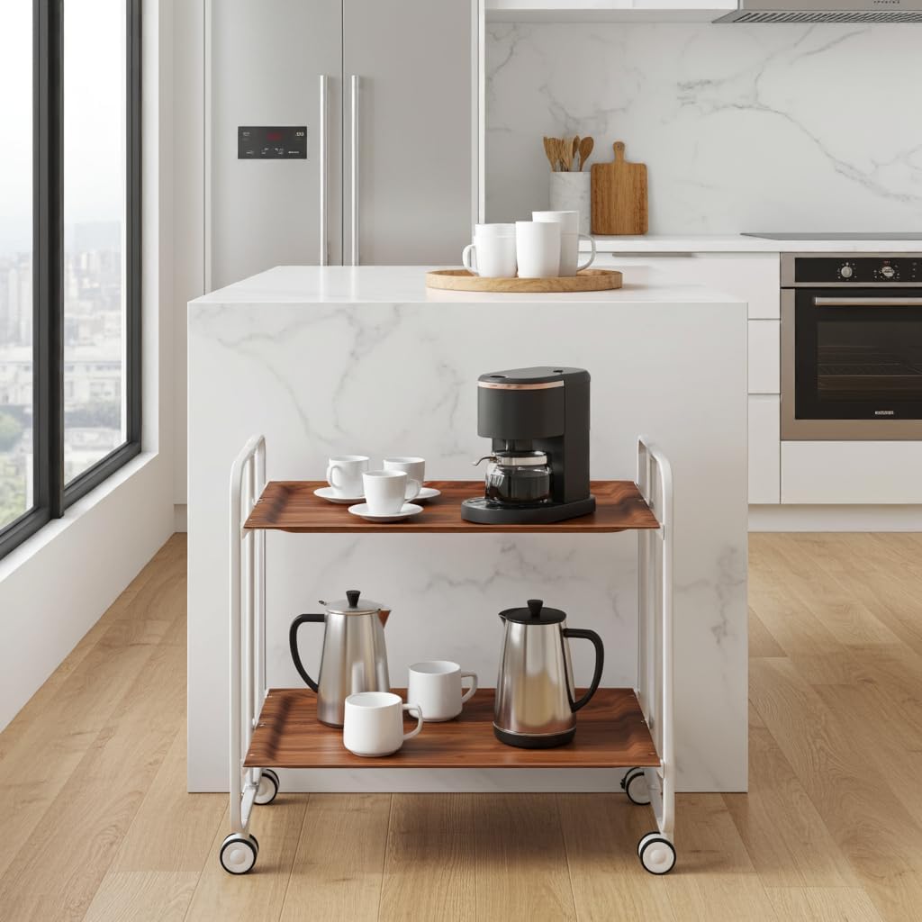 DON HIERRO Bauhaus Folding Bar & Kitchen Cart – 2-Tier Rolling Serving Cart with Wheels, Grey Frame and Cedar Finish Shelves – Modern Utility Trolley