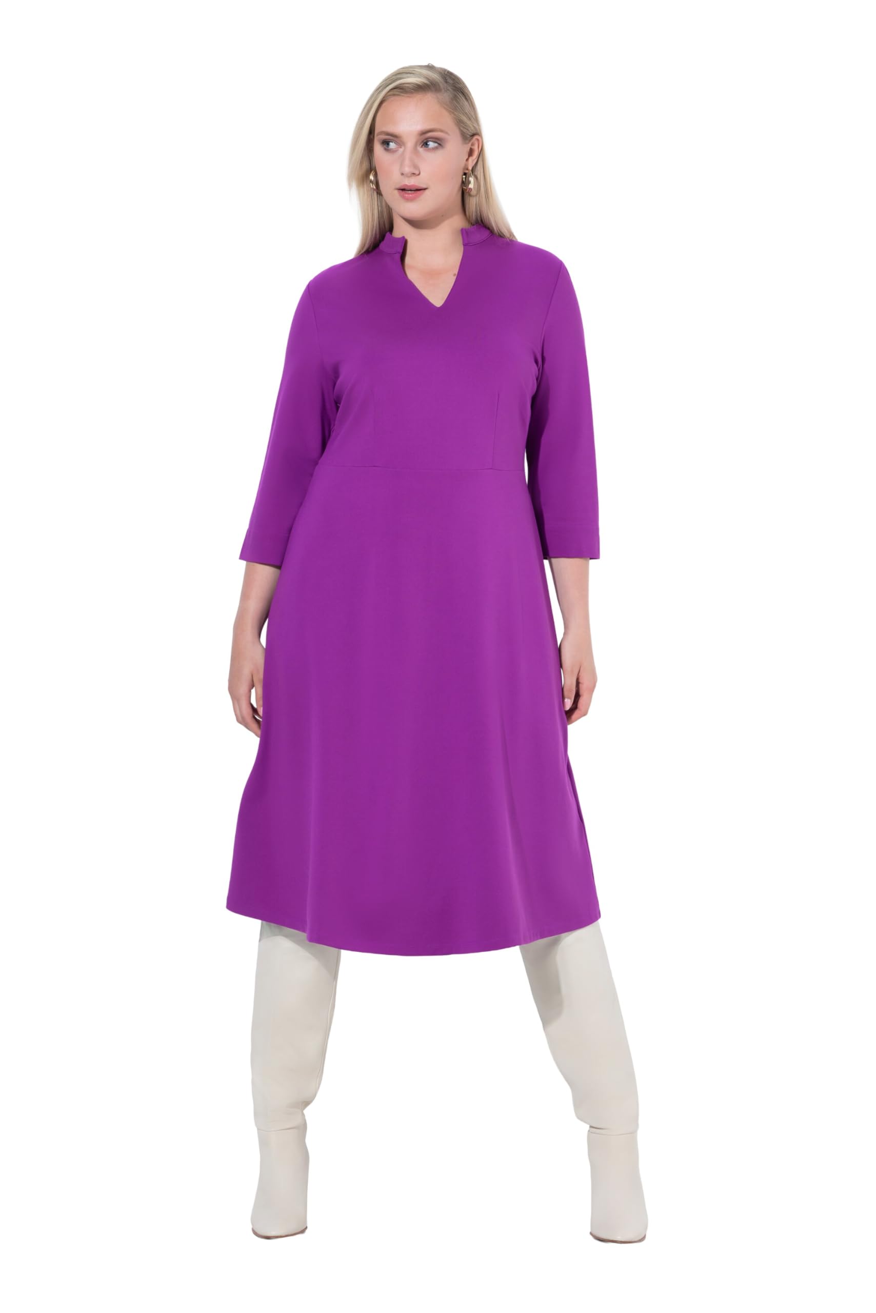 Ulla Popken Damen große Größen Übergrößen Plus Size Punto-di-Roma-Kleid, A-Linie, V-Ausschnitt, 3/4-Arm 827043
