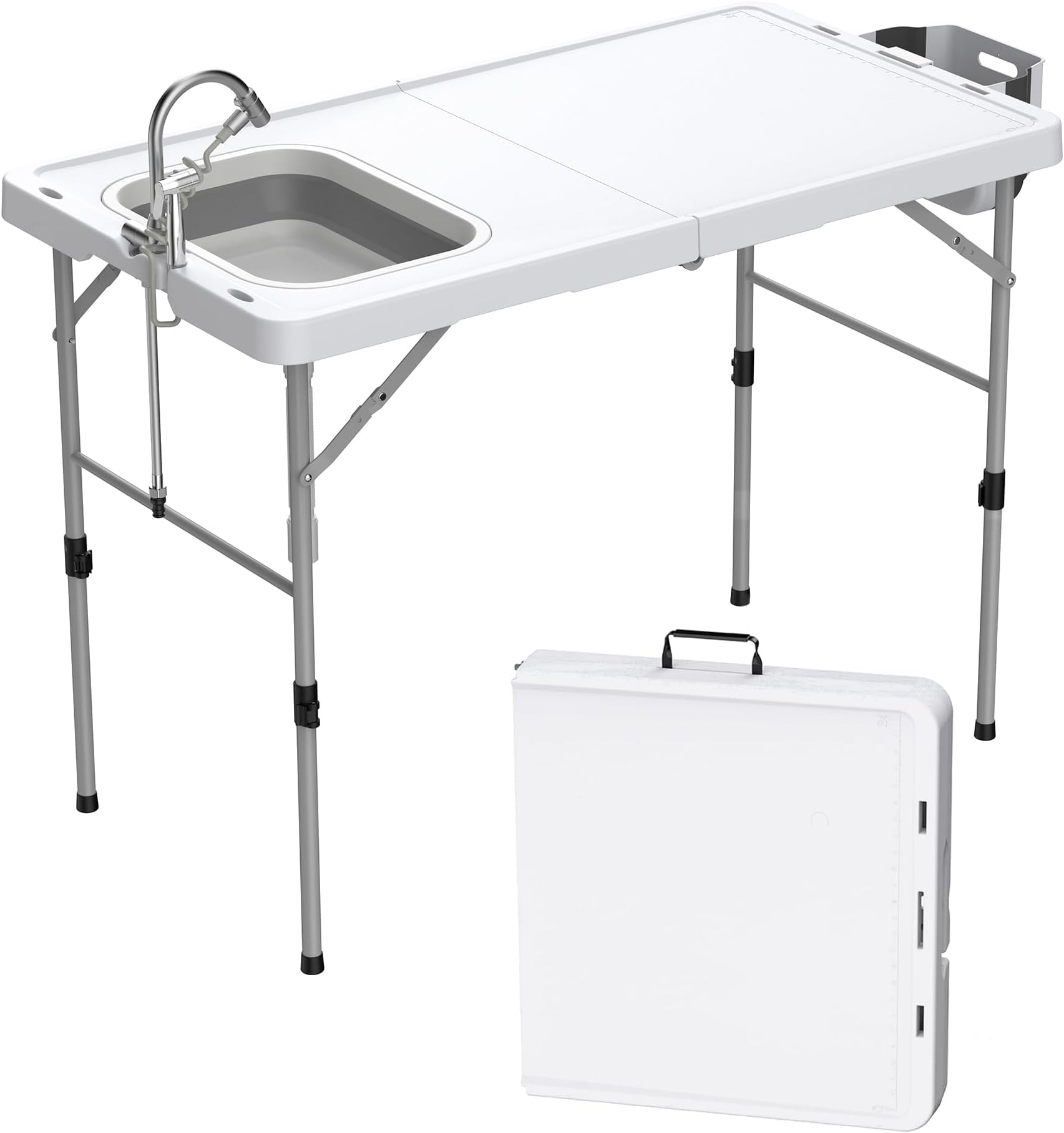 Allpop Fold-in-Half Fish Cleaning Table with Sink, 50'' Portable Folding Camping Fish Station with Drainage Hose, Faucet, Sprayer, Storage Box, Grooves & Carrying Bag for Picnic, White