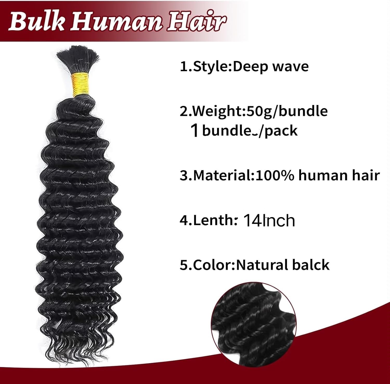 Datanala Human Braiding Hair Deep Wave Bulk Human Hair 1Bundle for Braiding Brazilian Virgin 100% Unprocessed Wet and Wavy Human Hair Extensions for Boho Braids (1B#/50g - Image 4