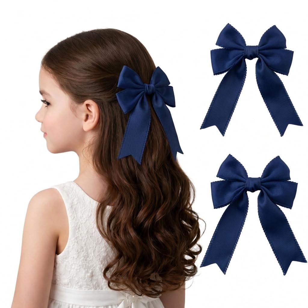 Back to School Hair Bows for Girls, Navy Blue Bow for Hair Ribbon Clips