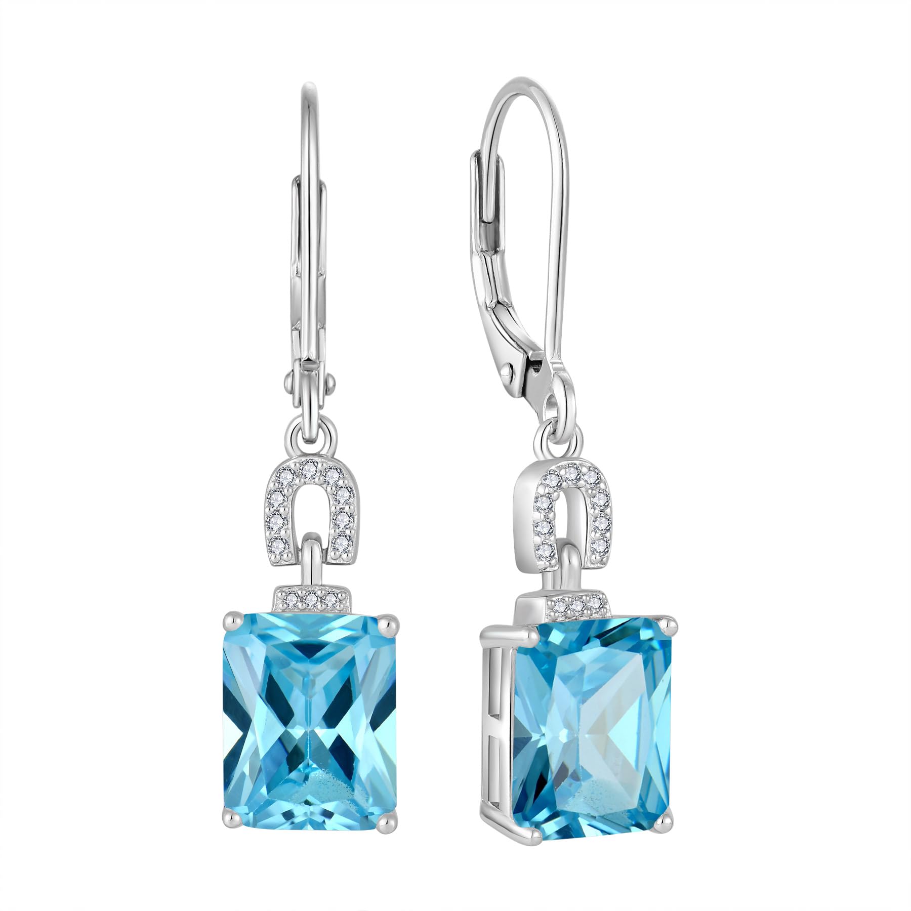 Inpasne Emerald Cut Earrings 925 Sterling Silver Baguette Birthstone Dangle Drop Leverback Earrings Jewelry Gifts for Women