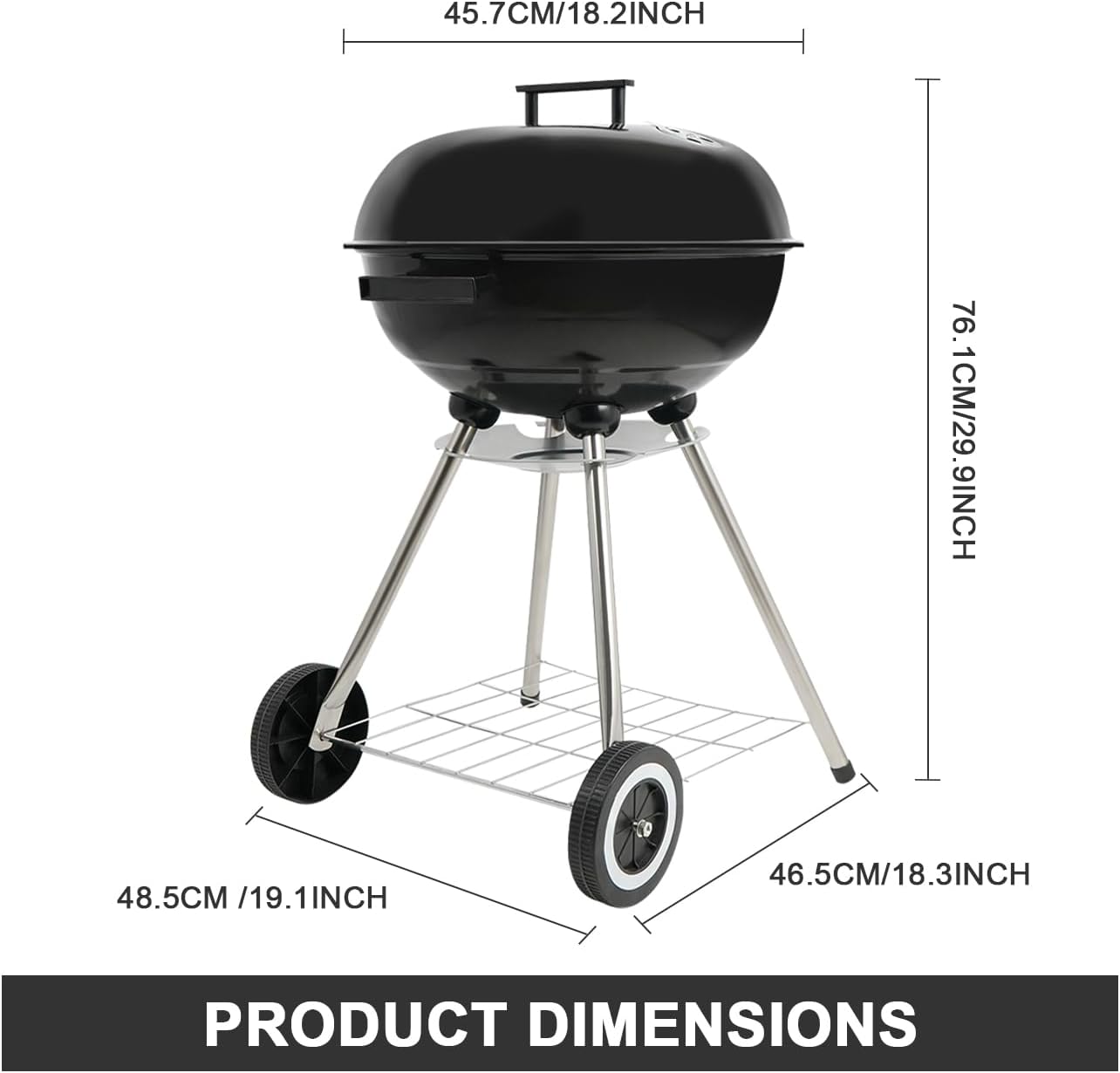 18 Inch Charcoal Grill, Kettle Grill with Handle and Wheels for Outdoor Camping and Small Patio Backyard (Black)