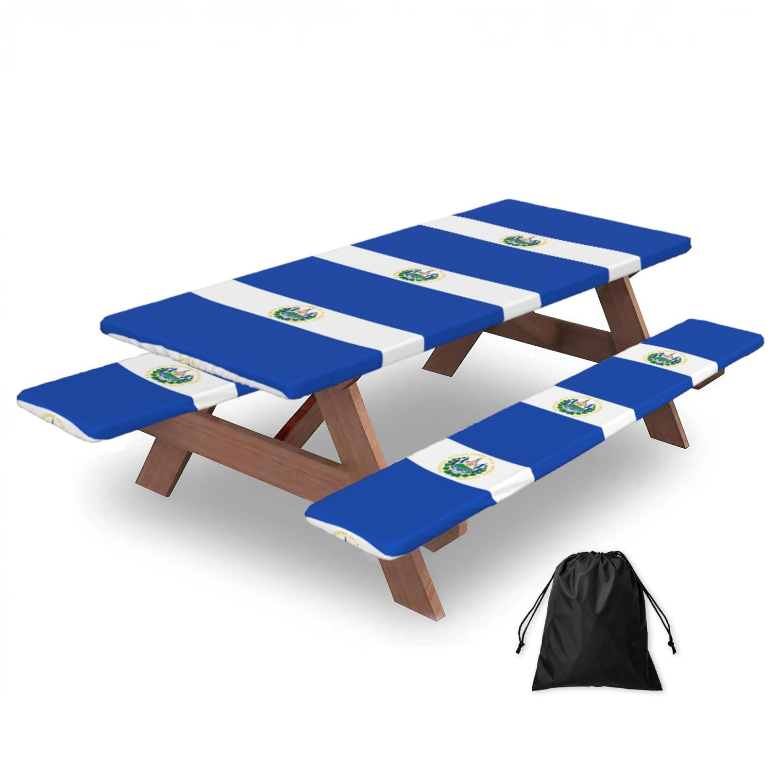 Hhbiuuo Black 72In Camping Table Cover & Bench Covers 3-Pack Set, El Salvador Print Tablecloths, For Rectangle Tables Picnic
