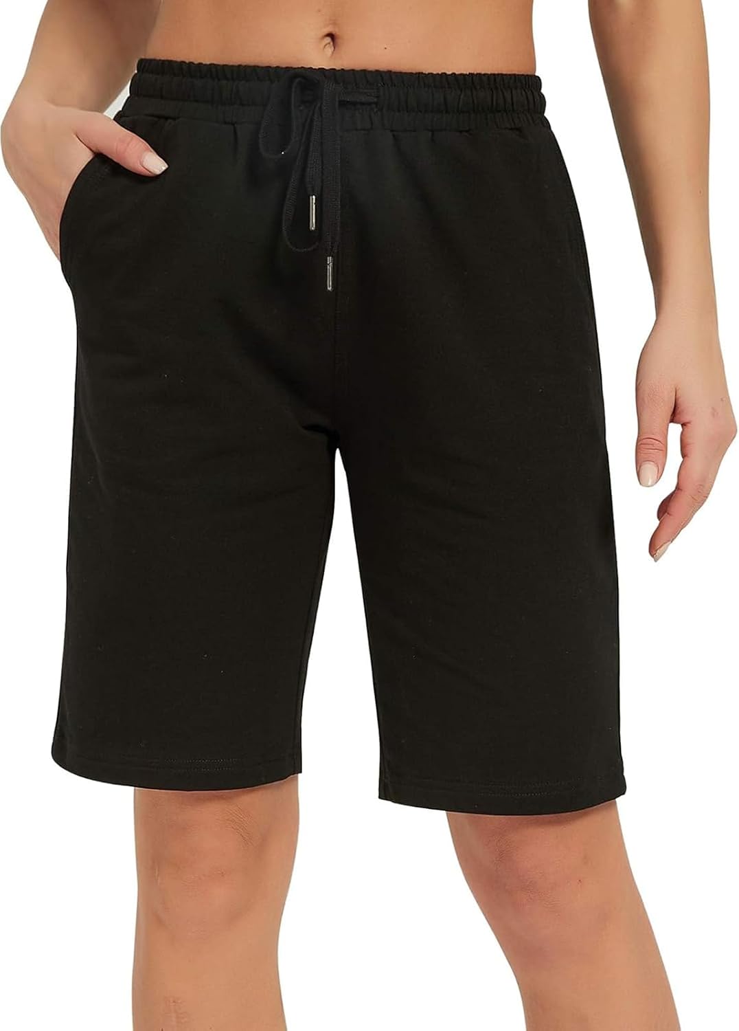 Bermuda Shorts Damen Kurze Sporthose Sommer Knielang Sport Shorts Baumwolle Laufshorts Kurze Jogginghose Sweatshorts mit Taschen für Gym Yoga Running