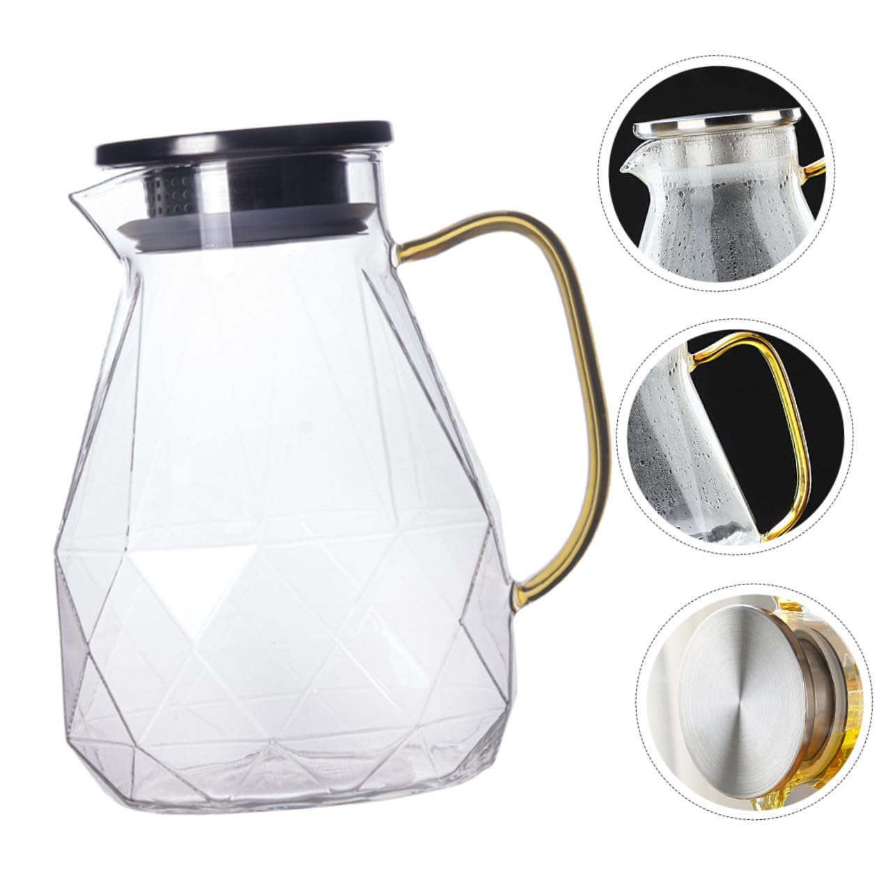 Jarra de Agua de Vidrio 1500ml con Tapa de Acero Inoxidable | Jarra de Bebidas para Hogar y Restaurante, Asa Reforzada y Vidrio Resistente al Calor