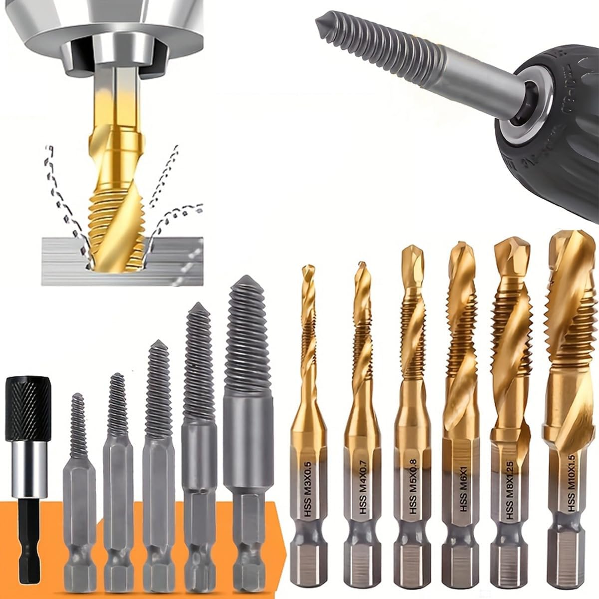 Serplex® 6Pcs Drill Bit Set & 5Pcs Screw Extractors, M3-M10 Metric Sizes, High-Speed Steel Drill Bits, Universal 1/4" Hex Shank Drill Bits with Drill Chuck Adapter-image-32