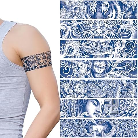 GLARYYEARS Arm Band Temporary Tattoo - 7 Pack Long Semi Permanent Tattoo for Men Boys, Realistic Buddha Dragon Devil Style 2 Weeks Long Lasting Fake Tattoos, ArmBand Tattoos for Wrist, Ankle Circle Cover