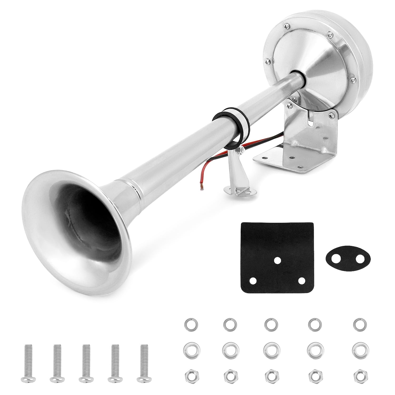 QWORK 115db Stainless Steel 12v Marine Boat Horn - Rust-Resistant, Low Tone Marine Grade Air Horn for Trucks, SUVs, RVs, and Boats, Exterior Mount