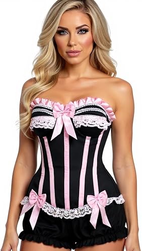 Daisy Corsets Womens 2 PC Burlesque Pink/Black Steel Boned Corset & Bloomers - P