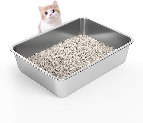WENBOKMIN Caja de arena de acero inoxidable para gatos pequeños, fácil de limpiar, nunca absorbe olores, manchas u óxido, color plateado (15.5