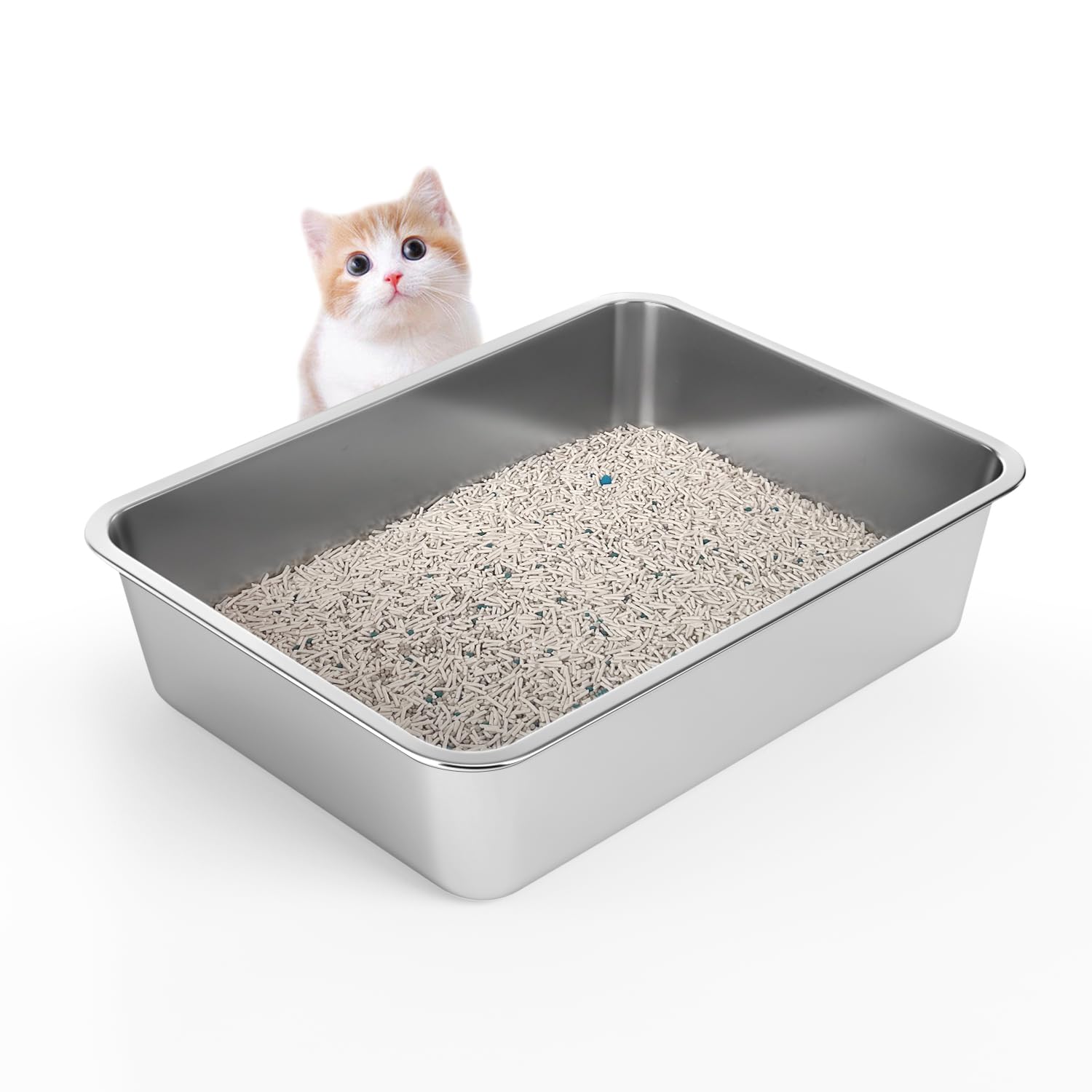 WENBOKMIN Stainless Steel Cat Litter Box - Litter Box for Small Cats - Easy to Clean, Never Absorbs Odor, Stains, or Rusts - Silver 