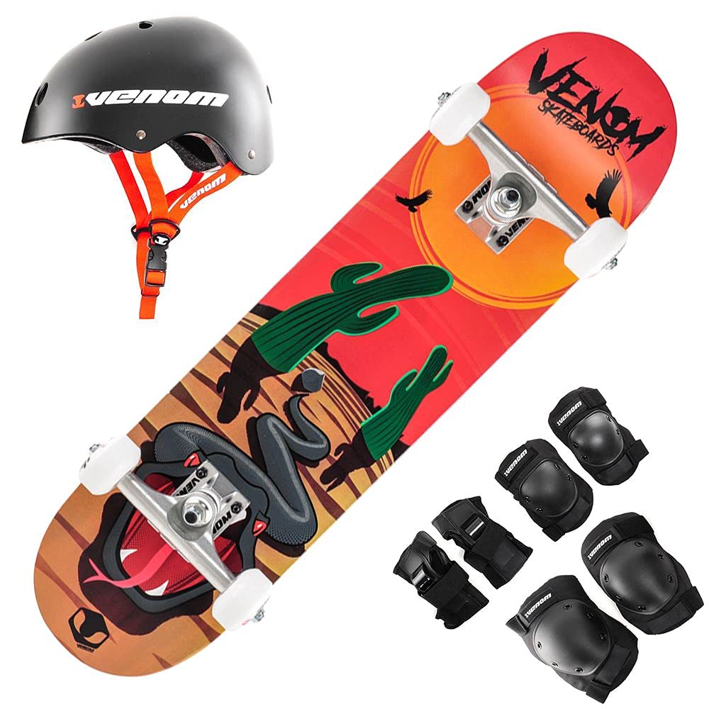Venom Skateboards for Kids with Skate Helmet and Pads Pack - Skateboard Accessories - Skateboard kids Boys Skateboard Girls Junior Desert Viper - 7.25" Inc Adult Pads & Small Helmet Set