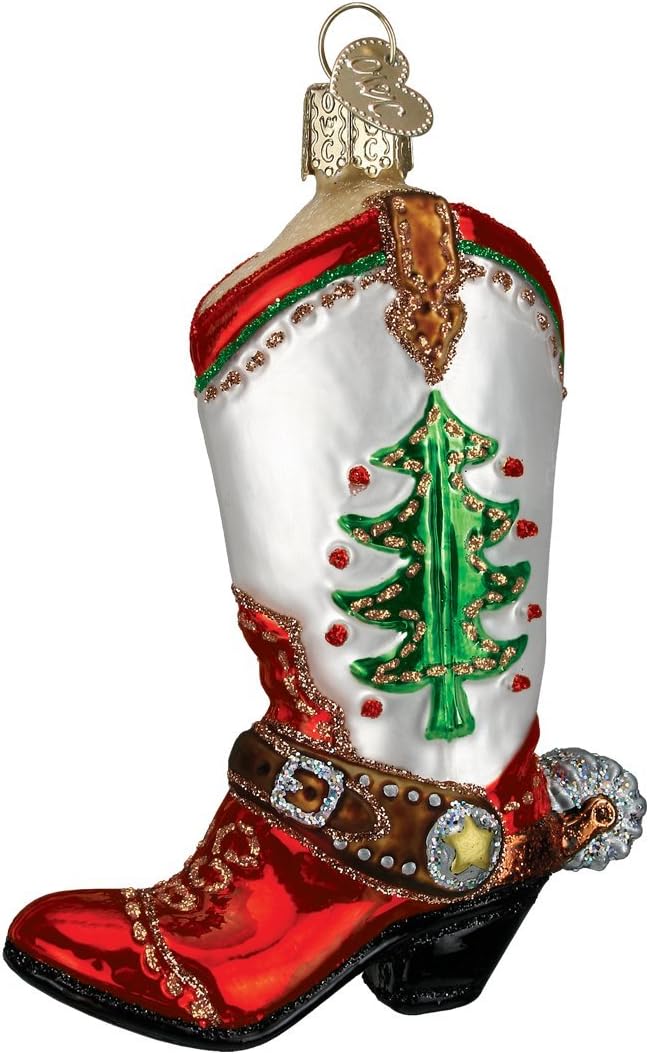 Old World Christmas Christmas Cowboy Boot Glass Blown Ornament for Christmas Tree, Handcrafted Holiday Decoration, Western Collection