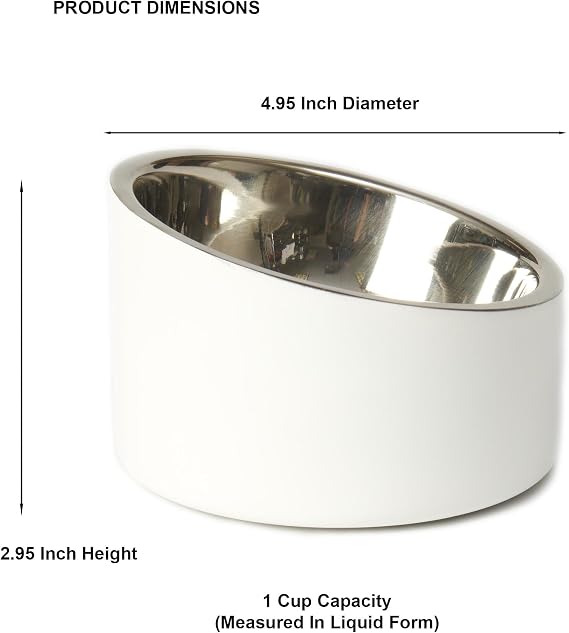 PetRageous 18438 Seychelles Stainless-Steel Slanted Double Walled Dog Bowl 4.95-Inch Width and 2.95-Inch Height 1-Cup Capacity, White