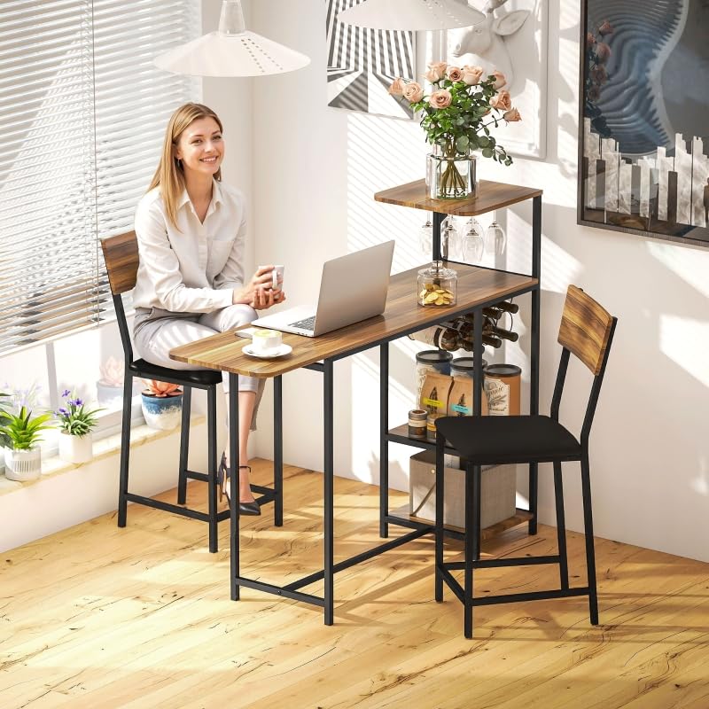 Juego de mesa de bar con taburete, 3 piezas, juego de mesa de bar con mesa de cocina, soporte para copas de vino, estante para 2 sillas de bar, marco de acero, moderno, para comedor, cocina