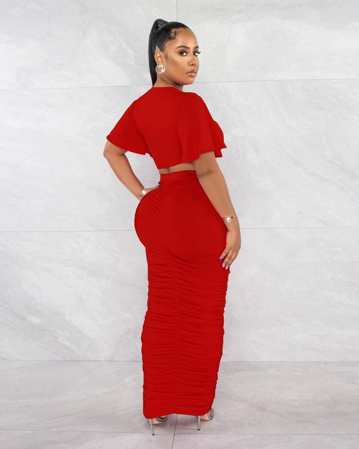 Women's 2 Piece Outfits Flare Sleeve Crop Tops Sexy Bodycon Jumpsuits Maxi Dresses Midi Ruched Skirt Sets - Image 3