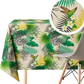 KP Home Green Tropical Birds and Flowers Print PVC Table Cloth Wipe Clean Tablecloth with Palms - Rectangular 200x140cm | 78x55in Waterproof Vinyl Wipeable Table Cloth Oilcloth Plastic Table Cover