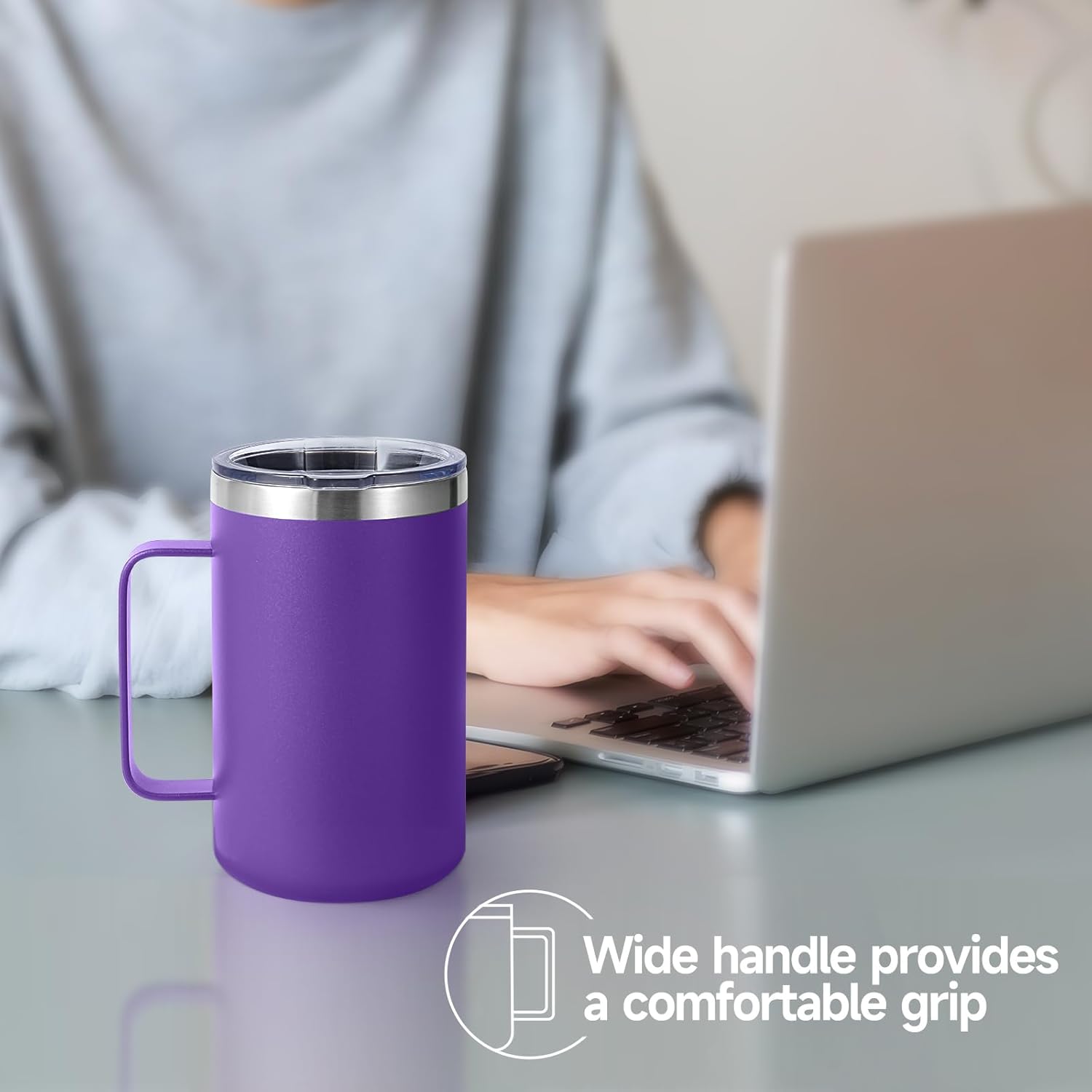 Volhoply 16oz Insulated Coffee Mug with Lid and Straw, Stainless Steel Travel Mugs with Handle, Double Wall Vacuum Leak Proof Coffee Tumbler Cup (Purple,1) - Image 2