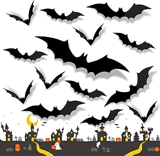 Pack of 48 Halloween Decoration, 3D Bat Decoration, Halloween Window Decoration in 4 Different Sizes, Waterproof PVC, Hall...