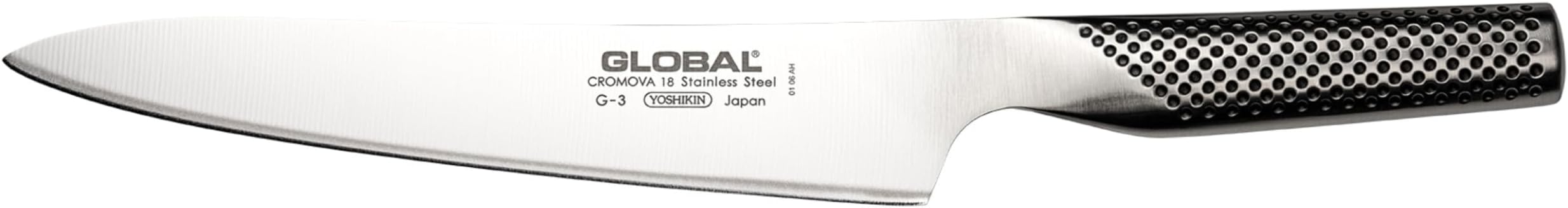 Global G3 Carving Knife, 21cm. Stainless Steel. Ergonomic Dimpled handles ensures safe grip. Perfectly Balanced. Handcrafted in Japan.