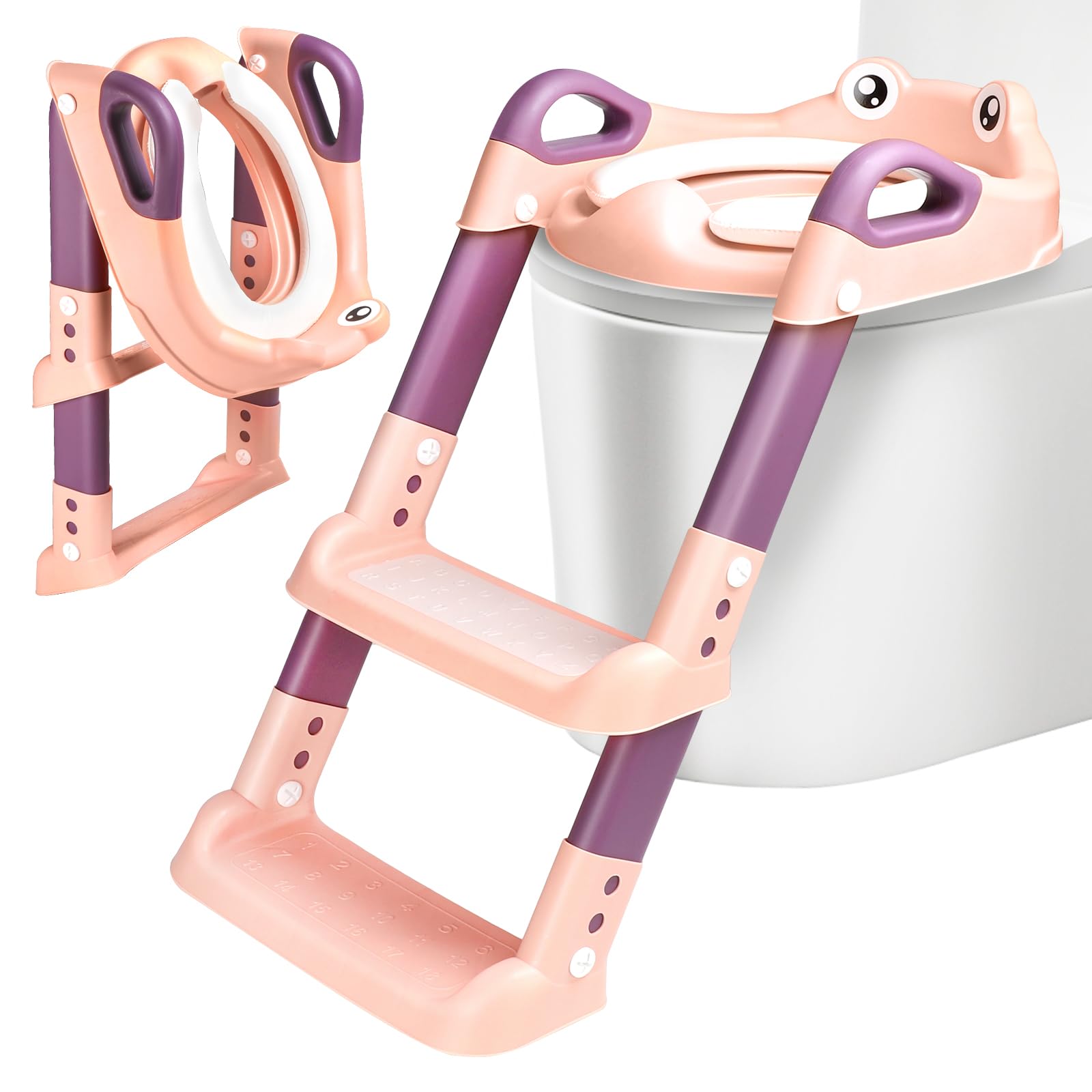 Toilettensitz Kinder mit Treppe, Toilettentrainer für Kinder, 2 IN 1 Toilettentrainer mit Treppe für Jungen und Mädchen, WC Sitz mit PU Gepolsterter Höhenverstellbar & Faltbar, Rutschfest (Rosa)