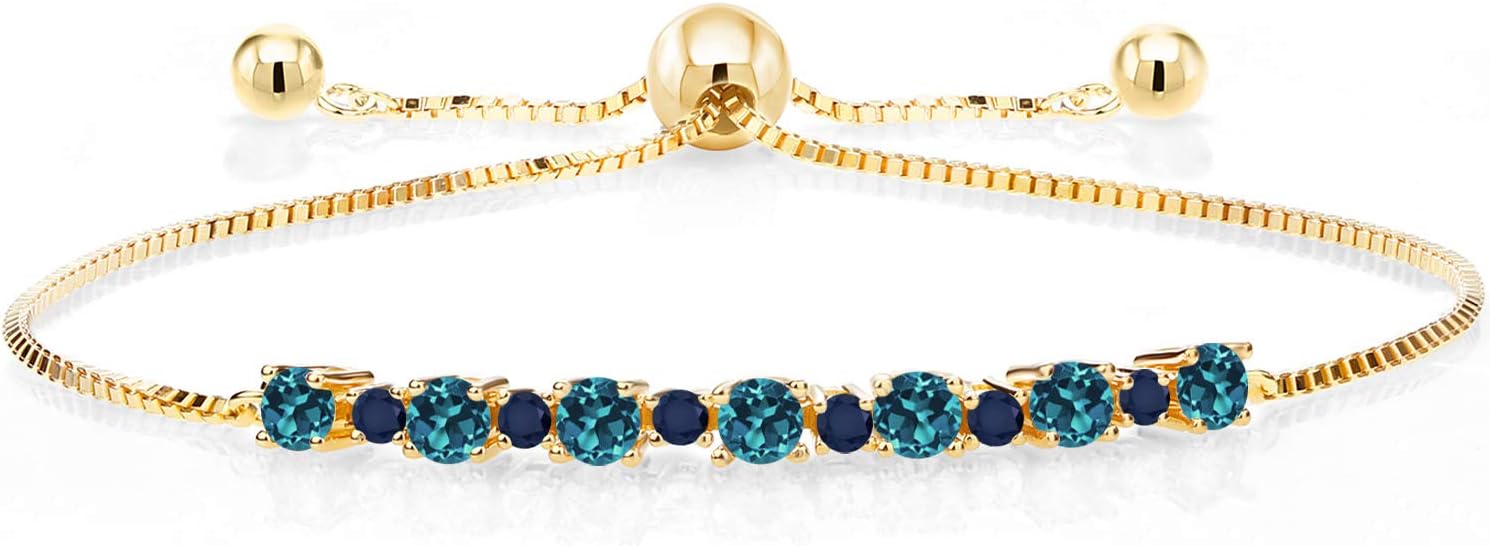 Gem Stone King 1.09 Cttw London Blue Topaz Blue Sapphire 18K Yellow Gold Plated Silver Adjustable Tennis Bracelet for Women Up to 9 Inch