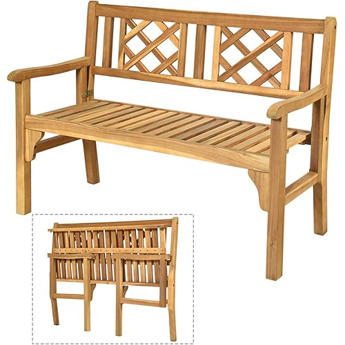 Giantex Patio Wooden Bench, 4 Ft Foldable Acacia Garden Bench, Two Person Loveseat Chair Solid with Curved Backrest and Armrest Ideal for Patio, Porch or Balcony (Teak)