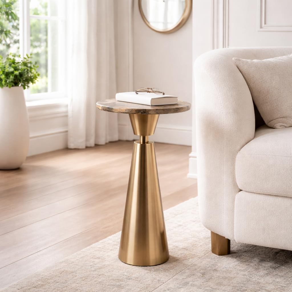 Home Decor End Table, Side Table, or Night Stand - Chic Round Marble Bedside Table with Curved Wooden Pedestal Base - Rustic Accent Table for Living Room, Bedroom, and Office Decor - 22" Tan & White