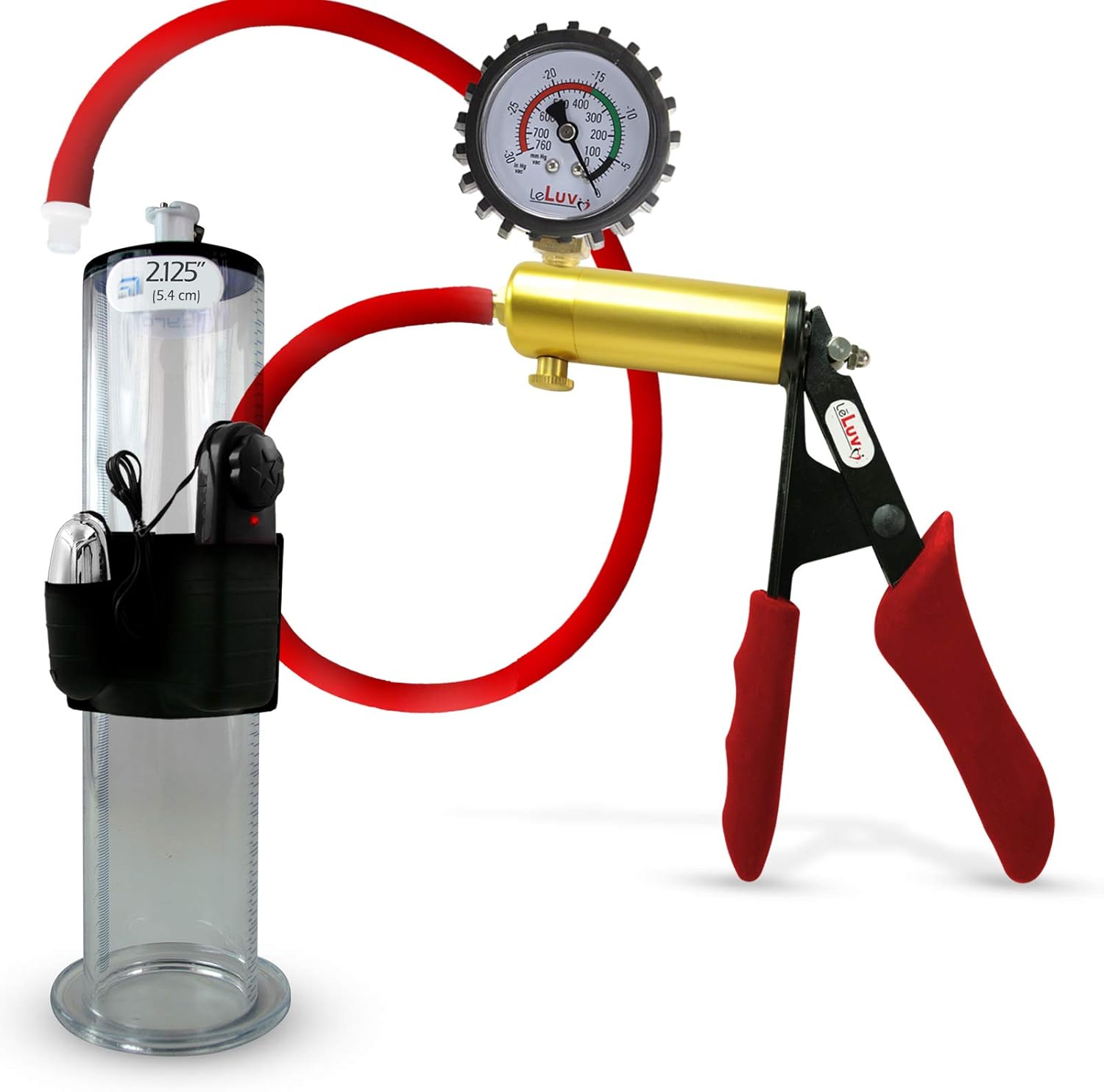 LeLuv Ultima Penis Pump Kit, Brass w/Premium Red Silicone Grips and Hose + Protected Gauge - 9" x 2.125" Vibrating Round Flange CylinderWide Flange Cylinder