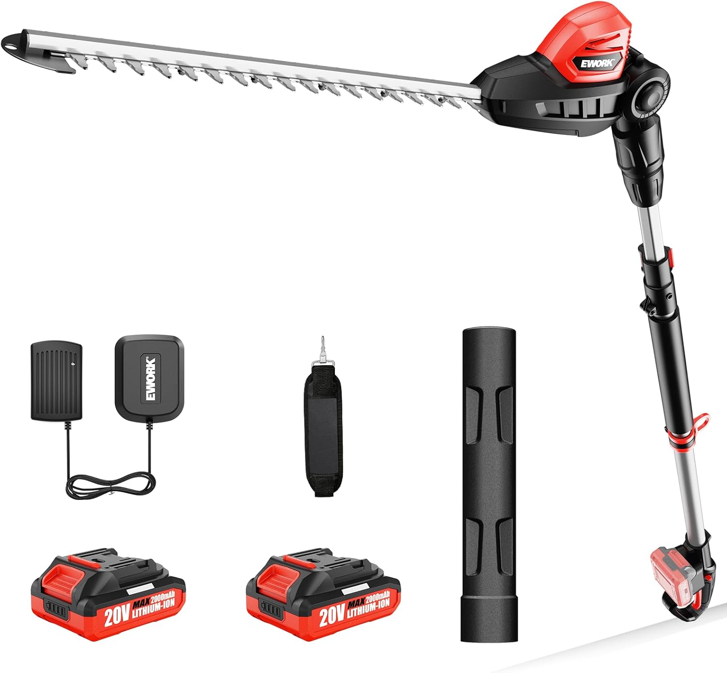 EWORK 20V Cordless Pole Hedge Trimmer with 2 Batteries and Charger, 18-Inch Blade Pole Trimmer, 6.3Ft-8.6Ft Extended Reach, 11-Angle Pivoting Head, Lightweight 6 LBS Battery Powered Bush Shrub Cutter