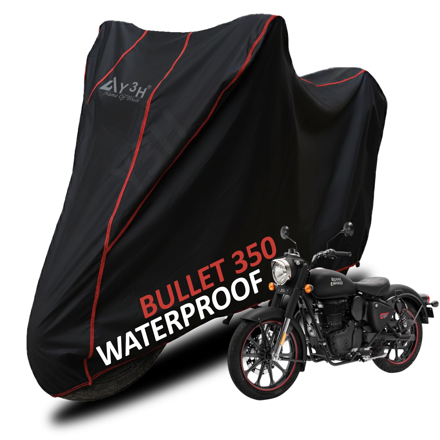 Y3H - Bike Body Cover Bullet 350 cc Full Body Cover with Waterproof, Dust Proof, UV Rays Protective, Tripple Stitching & Lightweight Two Wheeler Covers - Black with Waterproof Red Piping-image-46