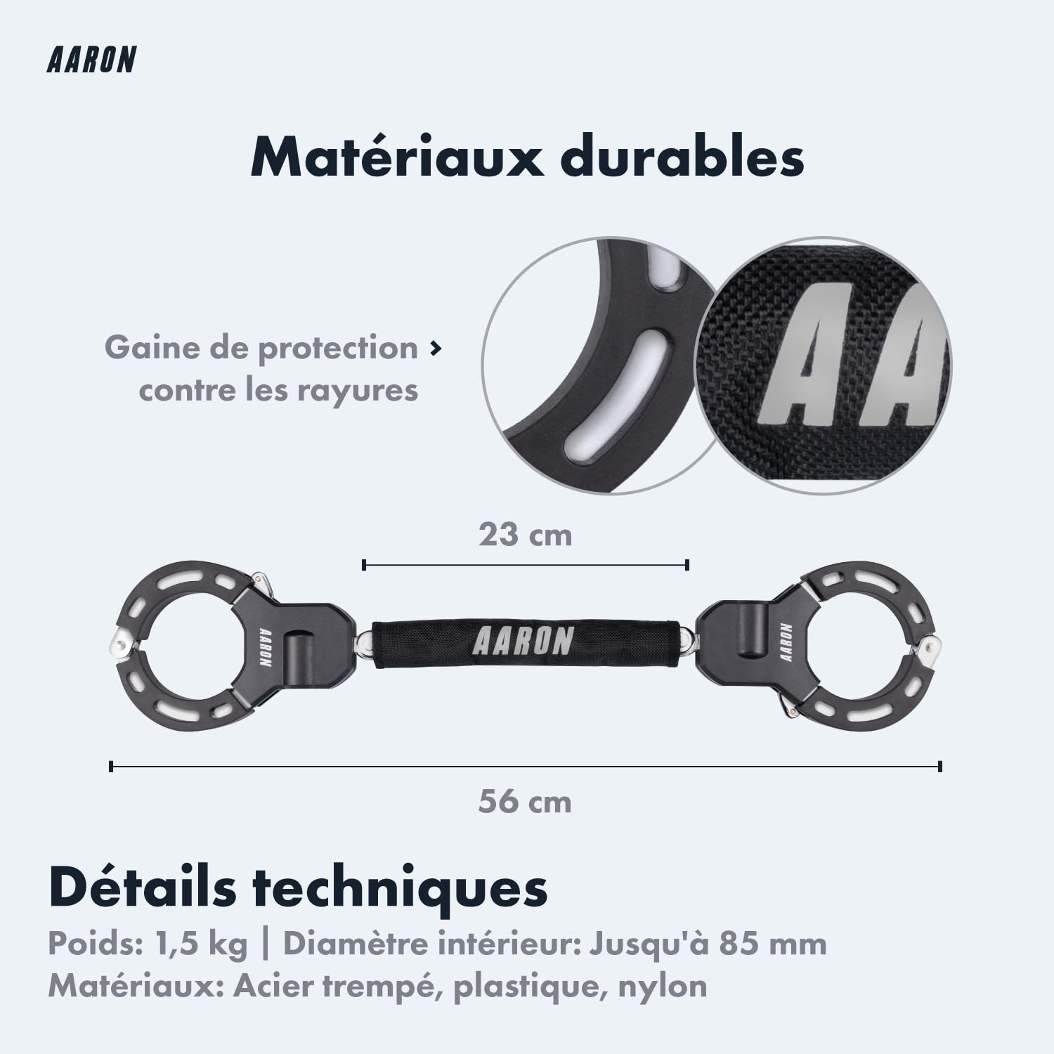 AARON Antivol à menottes pour scooter électrique - Design haute sécurité - Antivol de vélo flexible avec chaîne en acier - Robuste et protection contre les rayures (noir)