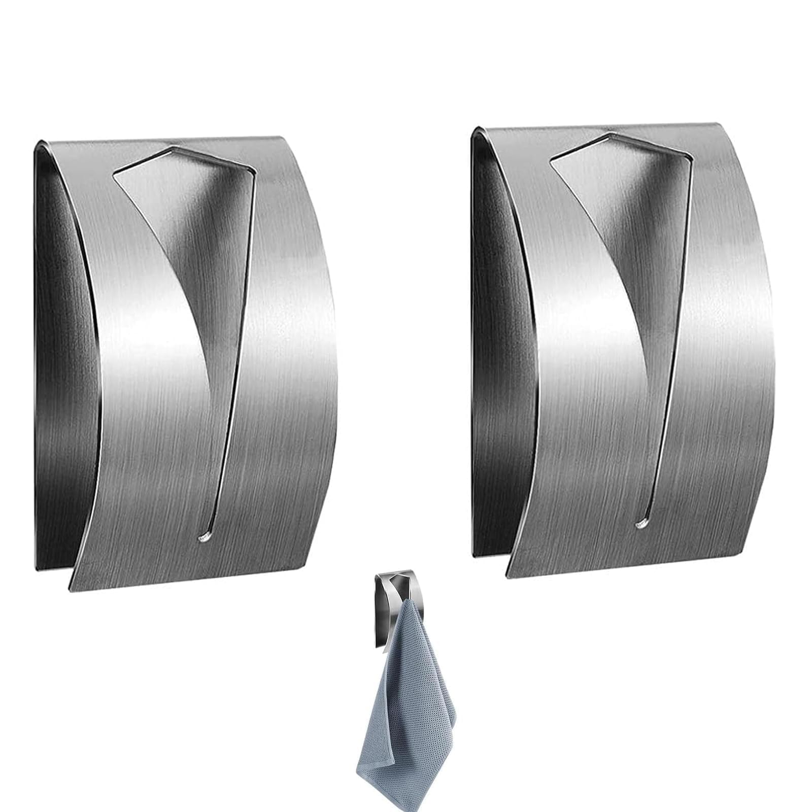 OONOYWOO 2Pcs Self Adhesive Metal Towel Holders Wall Mount Tea Towel Hook Rack Stainless Steel Hand Towels Hook Rack for Bathroom and Kitchen No Drilling Required, Silver