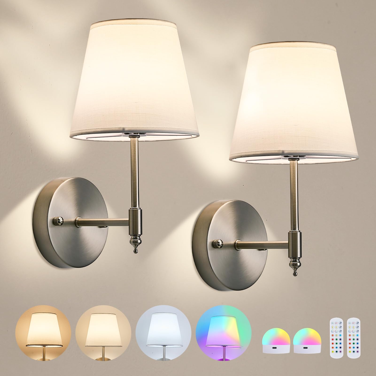 DSJK Battery Operated Wall Light Set of 2,Brushed Nickel Rechargeable Wall Lights with Remote Control,15 RGB Colors,Dimmable Rechargeable Bulbs,Wireless Wall Lamp for Indoor Bedroom