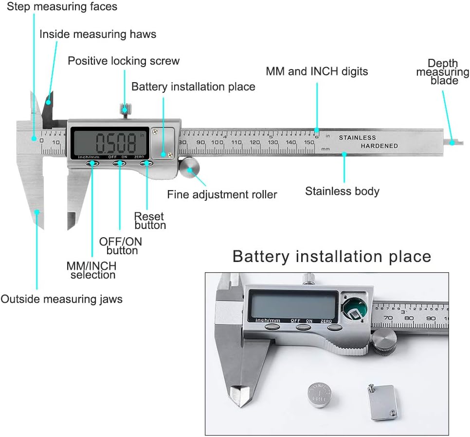 Allnice Digital Caliper 6 Inch, Stainless Steel Caliper Measuring Tool Electronic Vernier Caliper Micrometer with LCD Digits Display, Inch/mm Conversion : Industrial & Scientific