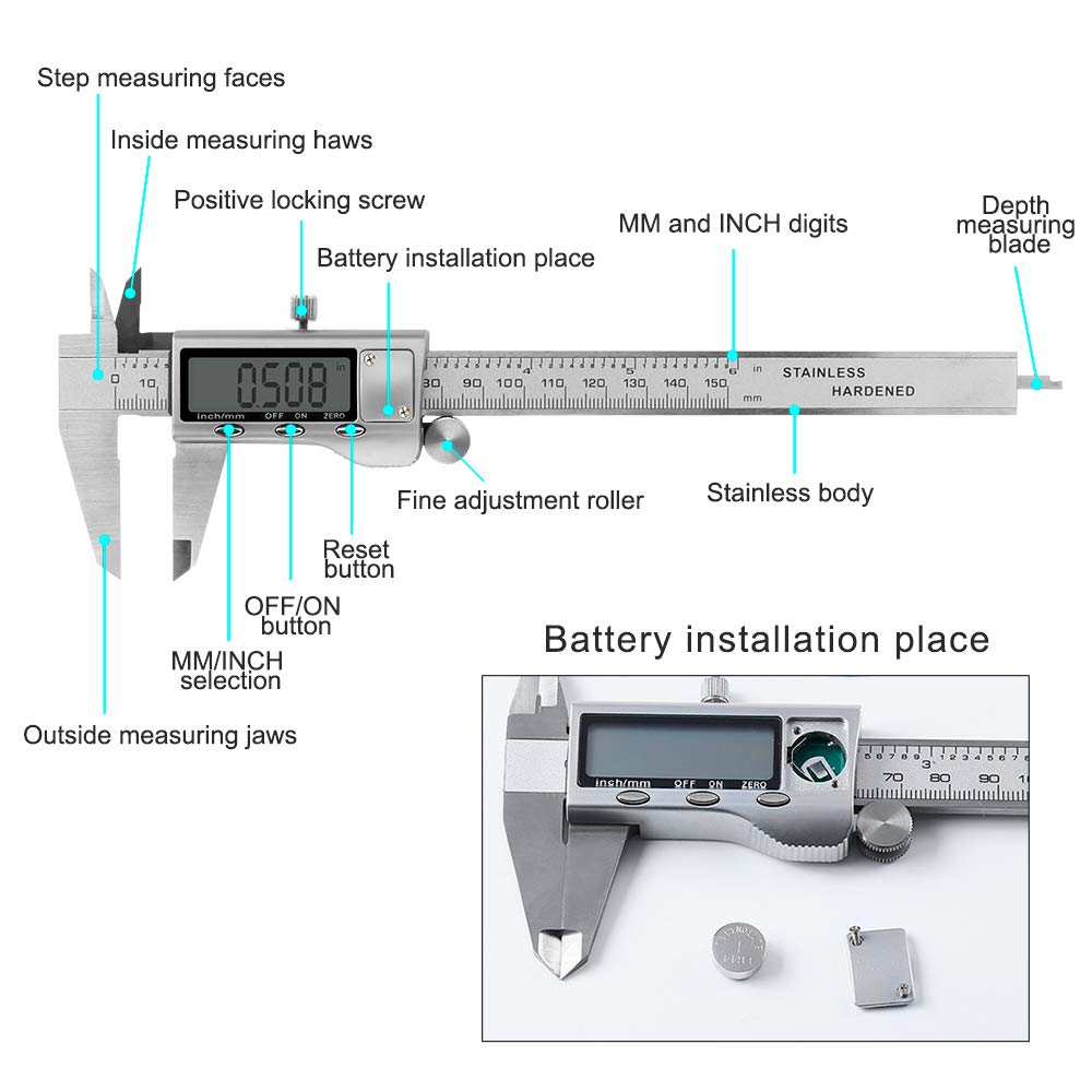 Allnice Digital Caliper 6 Inch, Stainless Steel Caliper Measuring Tool Electronic Vernier Caliper Micrometer with LCD Digits Display, Inch/mm Conversion