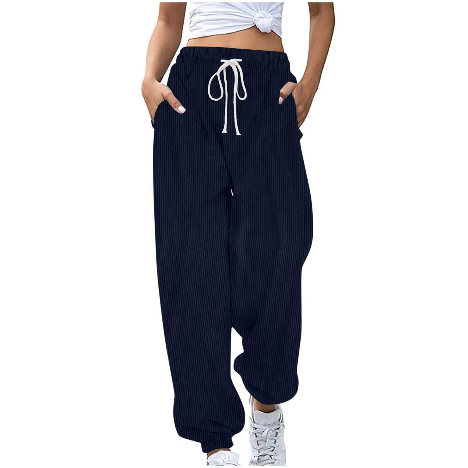 Women's Corduroy Casual Sweatpants Solid Color Drawstring Elastic Waist Pants Athletic Workout Pants with Side Pockets