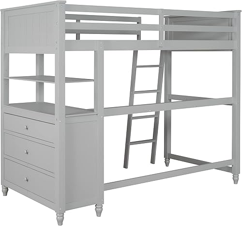 Miniatura 241 de Quarte Cama alta multifuncional, cama alta tamaño matrimonial con escritorio integrado y estantes de almacenamiento, dos cajones y escalera de