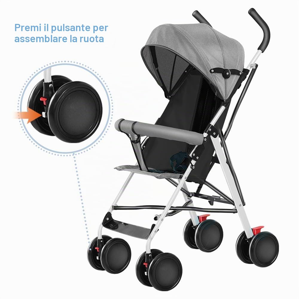 Passeggino leggero fino a 30 kg, grande cesto, sistema di piegatura rapida,Sedile spazioso, doppio freno e ruote anteriori girevoli (grigio)
