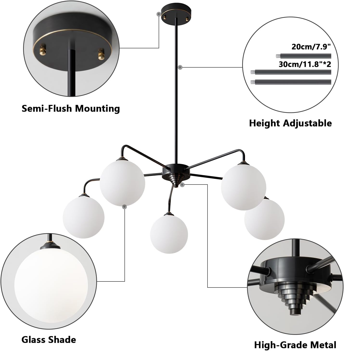 5 Light Mid Century Sputnik Chandelier with White Frosted Globe Glass Shade Pendant Lighting Fixture Living Room Large Pendant Lamp for Bedroom Kitchen Island