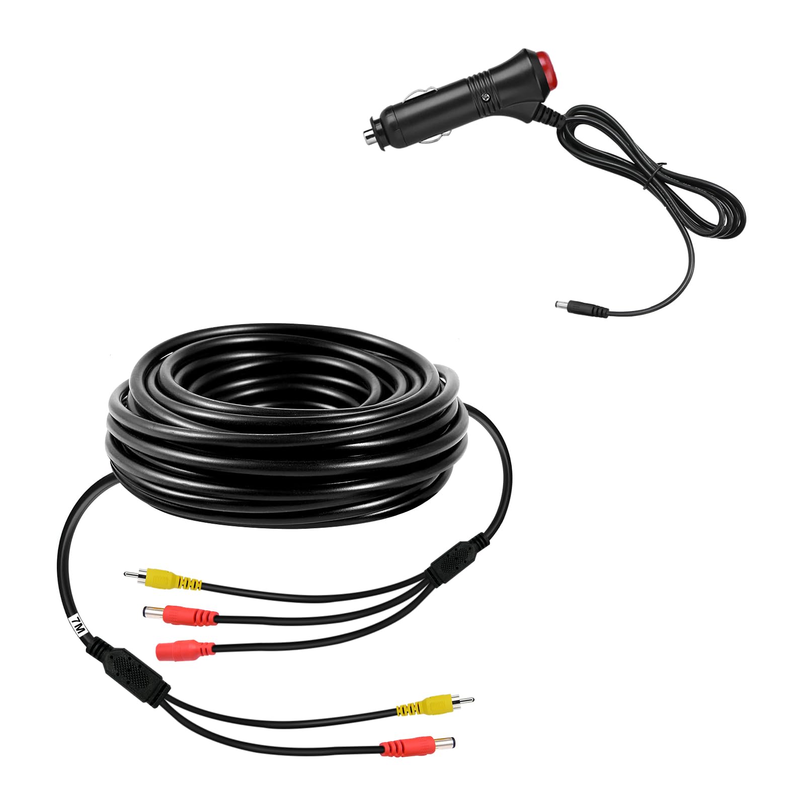 VOJKOREL 12V/24V Cigarette Lighter Power Supply Kit for Car Rear View Camera and Monitor with 7M RCA Video Connection Extension Cable.