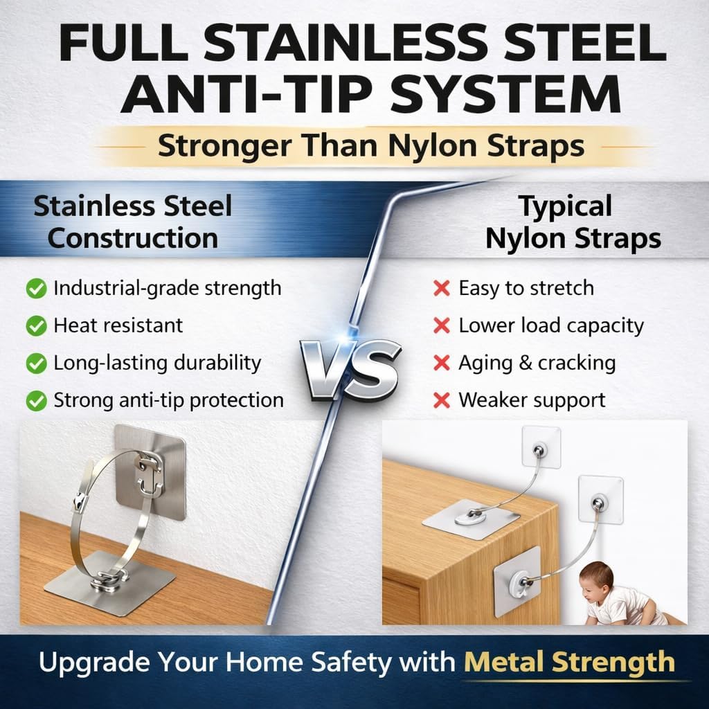 Furniture Anchors 12 Pack, Stainless Steel Anti Tip Furniture Anchors with Metal Zip Ties, Heavy Duty No Drill Furniture Wall Anchors for Baby Proofing Cabinet Bookshelf Dresser