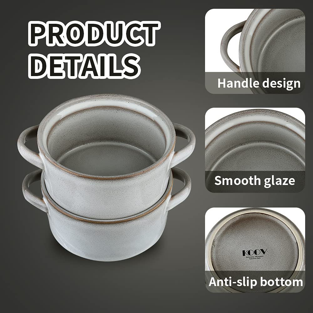 KOOVÂ Porcelain Soup Bowls With Handles Microwave Safe, Soup Bowls Large, 24 Ounce for Soup, Cereal, Stew, French Onion Soup Bowls, Reactive Glaze Set of 4 (Variable Grey)